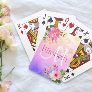Purple Pink Floral Watercolor Chic Modern Monogram Playing Cards