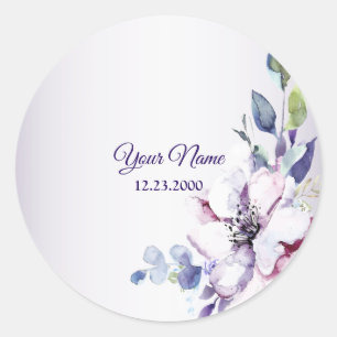 Purple Pink Floral Watercolor Gold Wedding Party Classic Round Sticker