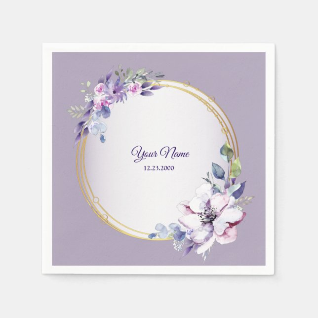 Purple Pink Floral Watercolor Gold Wedding Party  Napkin (Front)