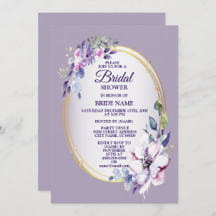 Purple Pink Floral Watercolor Golden Bridal Shower Invitation