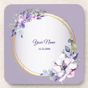 Purple Pink Floral Watercolor Golden Wedding Coaster