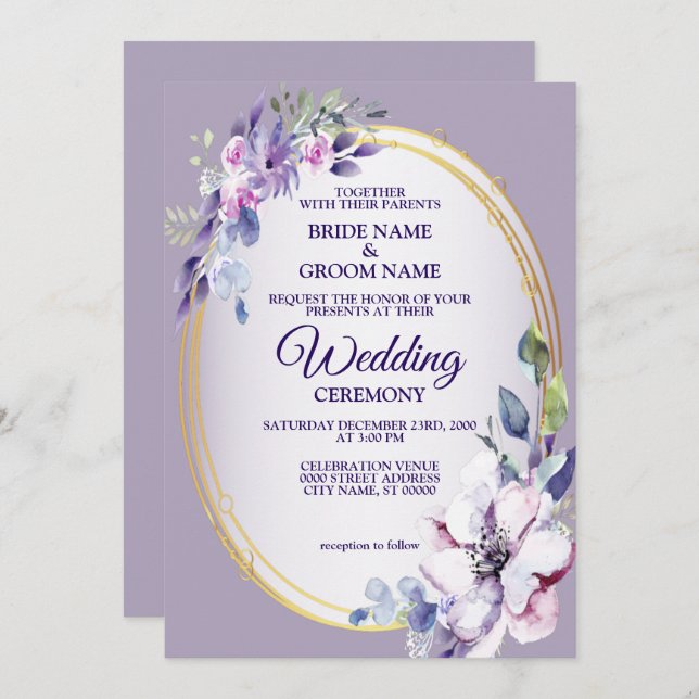 Purple Pink Floral Watercolor Golden Wedding Invitation (Front/Back)