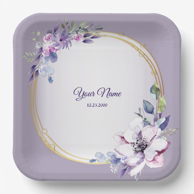 Purple Pink Floral Watercolor Golden Wedding Paper Plate (Front)