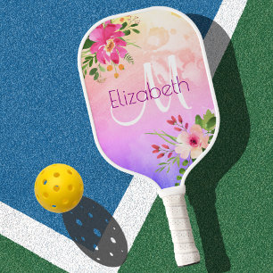 Purple Pink Floral Watercolor Monogram Chic Modern Pickleball Paddle