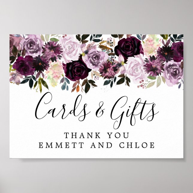 Purple Pink Floral Wedding Cards and Gifts Sign (Front)
