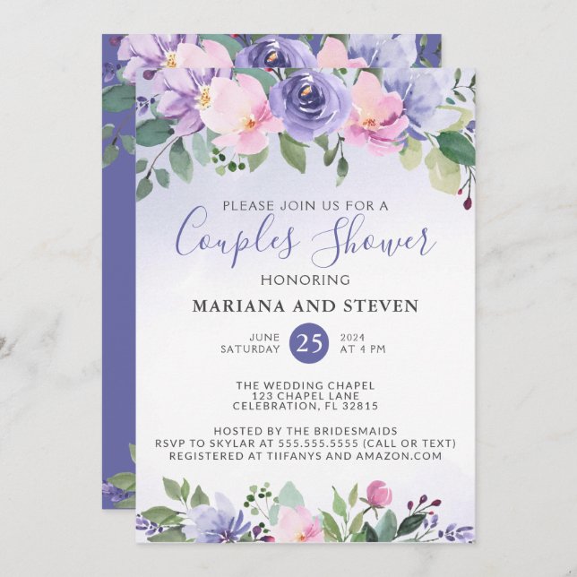 Purple Pink Floral Wedding Couples Shower Invitation (Front/Back)