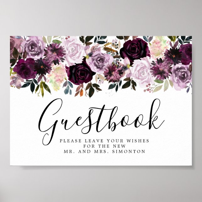 Purple Pink Floral Wedding Guestbook Sign (Front)