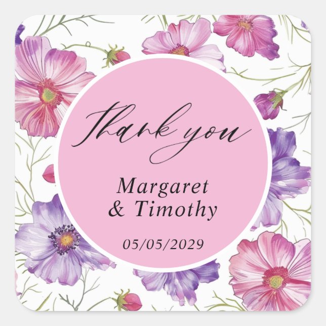  Purple Pink Floral Wedding  Square Sticker (Front)