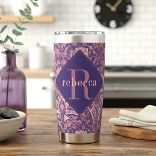 Purple Pink Floral William Morris Elegant Monogram Insulated Tumbler