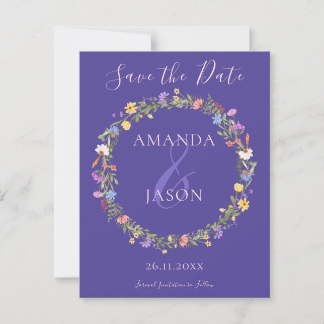 Purple Pink Floral Wreath wildflower Wedding Announcement (Front)