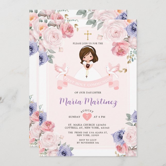 Purple & Pink Flower Girl 1st Holy Communion Invitation (Front/Back)