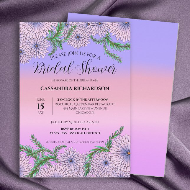 Purple Pink Flowers and Green Leaves Bridal Shower Invitation (Creator Uploaded)