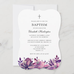 Purple pink flowers baptism invitation watercolor