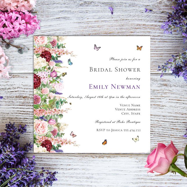 Purple Pink Flowers & Butterflies Bridal Shower Invitation (Creator Uploaded)