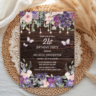 Purple Pink Flowers Butterflies Rustic Wood 21st Invitation