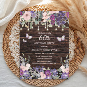 Purple Pink Flowers Butterflies Rustic Wood 60th Invitation