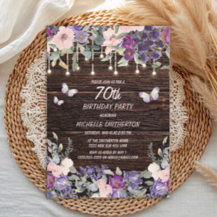 Purple Pink Flowers Butterflies Rustic Wood 70th Invitation