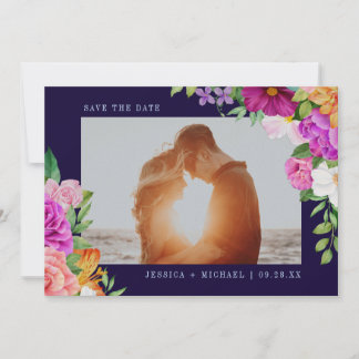 Purple Pink Flowers Dark Blue Botanical Wedding Save The Date