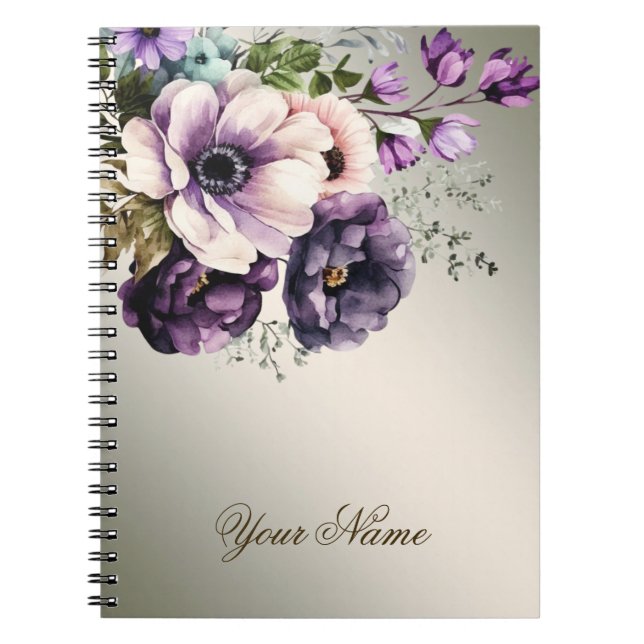 Purple Pink Flowers Golden Elegant  Notebook (Front)