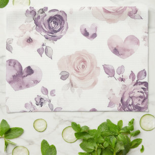 Purple Pink Flowers & Hearts   Tea Towel