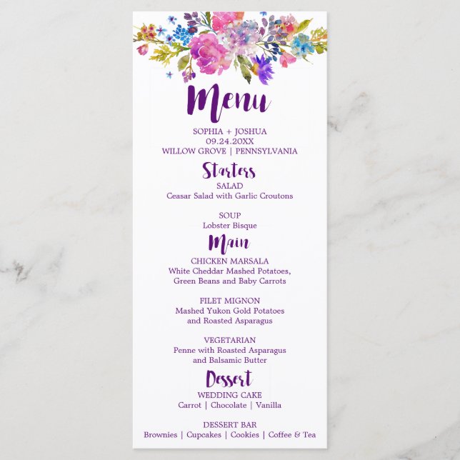 Purple & Pink Flowers Monogram Wedding Menu Card (Front)