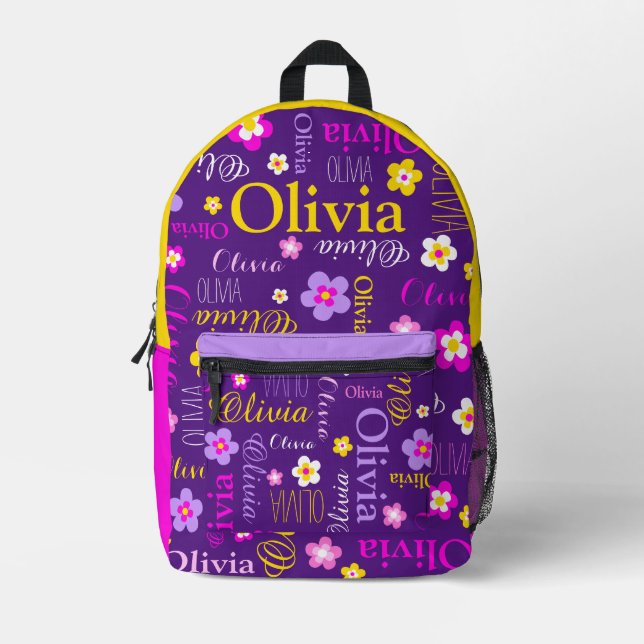 Purple pink flowers personalised name all over printed backpack (Front)