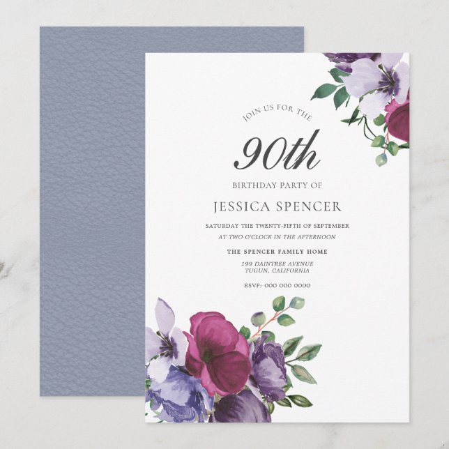 Purple Pink Flowers Watercolor 90th Birthday Party Invitation (Front/Back)
