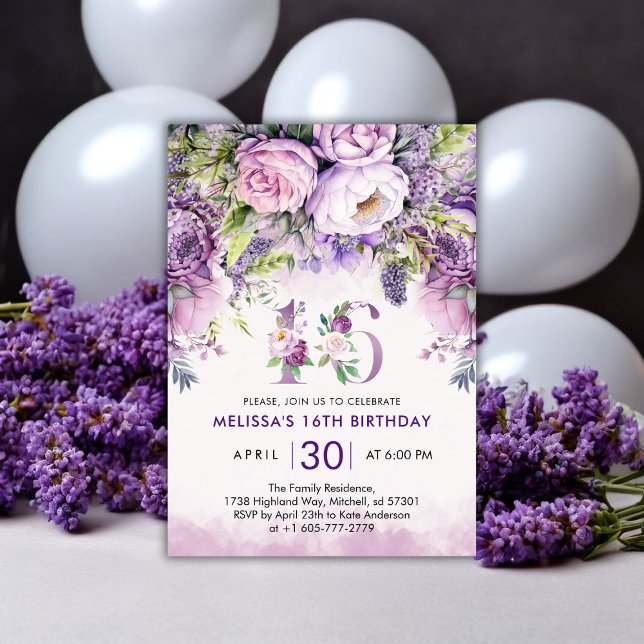 Purple & Pink Garden Flowers 16th Birthday Invitation (Purple & Pink Garden Flowers 16th Birthday Invitation)
