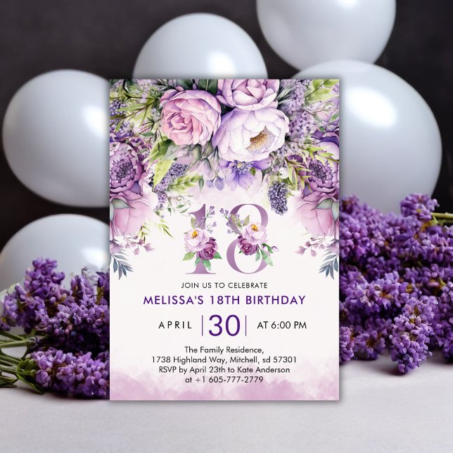 Purple & Pink Garden Flowers 18th Birthday Invitation (Purple & Pink Garden Flowers 18th Birthday Invitation)