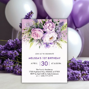 Purple & Pink Garden Flowers Girl 1st Birthday Invitation