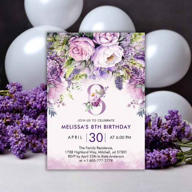 Purple & Pink Garden Flowers Girl 8th Birthday Invitation (Purple & Pink Garden Flowers Girl 8th Birthday Invitation)