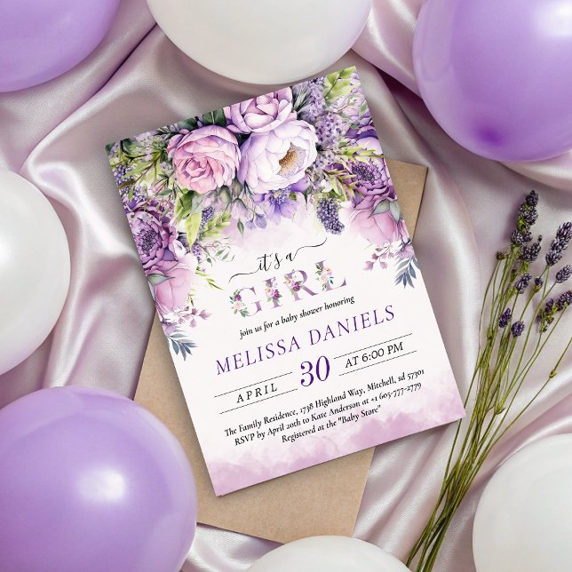 Purple & Pink Garden Flowers Girl Baby Shower Invitation (Purple & Pink Garden Flowers Girl Baby Shower Invitation)