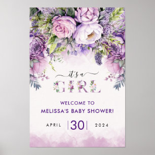 Purple & Pink Garden Flowers Girl Baby Shower Poster