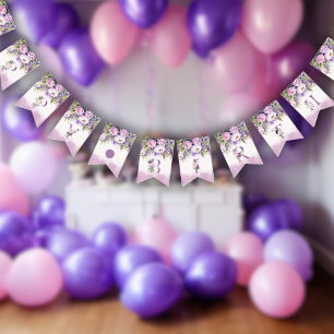 Purple & Pink Garden Flowers Happy Birthday Bunting