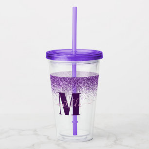 Purple pink girly modern glitter sparkle monogram acrylic tumbler