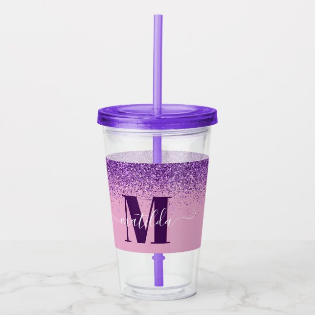 Purple pink girly modern glitter sparkle monogram  acrylic tumbler (Front)