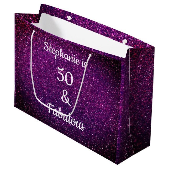 Purple Pink Glitter 50 And Fabulous Birthday Ombre Large Gift Bag (Front Angled)