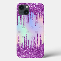 Purple pink glitter drips holographic monogram