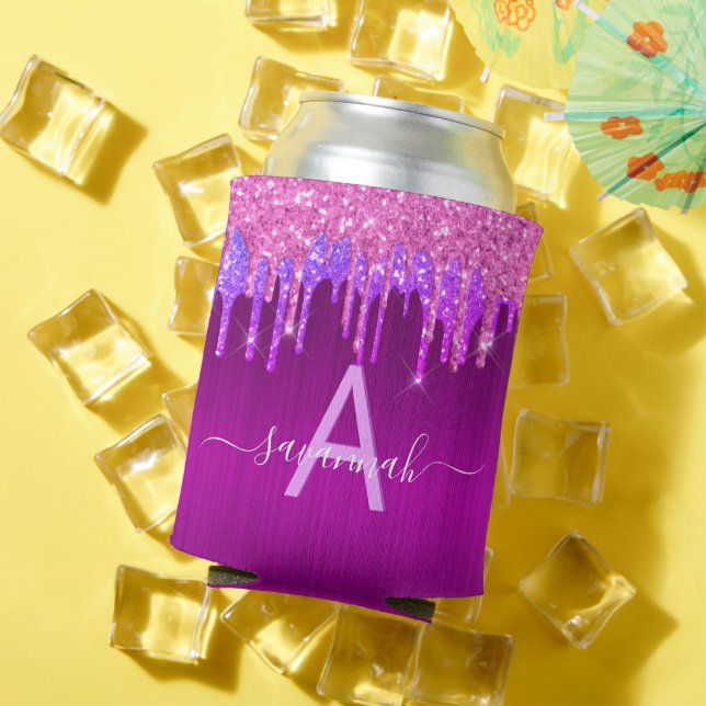 Purple pink glitter drips monogram glamourous can cooler (In Situ Summer)