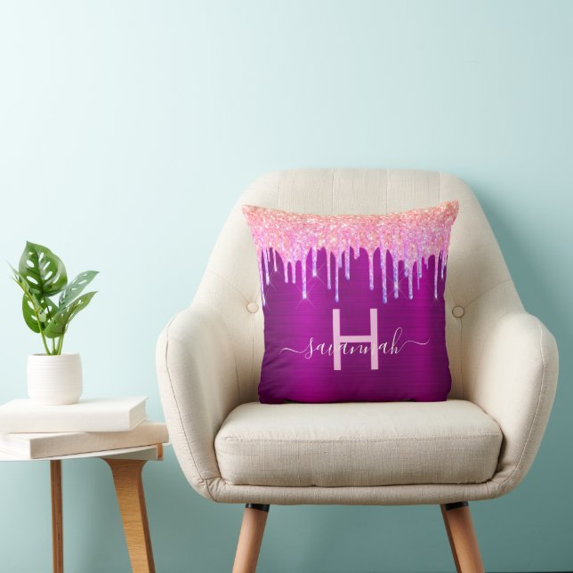Purple pink glitter drips monogram name cushion (Chair)