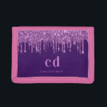 Purple pink glitter drips name girl trifold wallet<br><div class="desc">A deep purple background with elegant purple faux glitter drips,  paint drip look. Pink coloured text. Personalise and add your monogram initials and your name.</div>