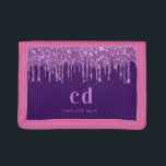 Purple pink glitter drips name girl trifold wallet<br><div class="desc">A deep purple background with elegant purple faux glitter drips,  paint drip look. Pink coloured text. Personalise and add your monogram initials and your name.</div>