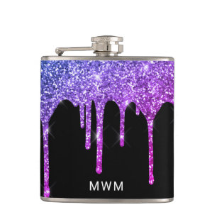 Purple Pink Glitter Drips Sparkle Monogram 6 oz Hip Flask