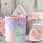 Purple pink glitter dust holographic name script mug<br><div class="desc">A trendy holographic background with unicorn and rainbow pastel colours in pink, purple, rose gold, mint green. Decorated with faux glitter dust. Personalise and add a name, written with a modern hand lettered style script with swashes. Purple coloured letters. To keep the swashes only delete the sample name, leave the...</div>