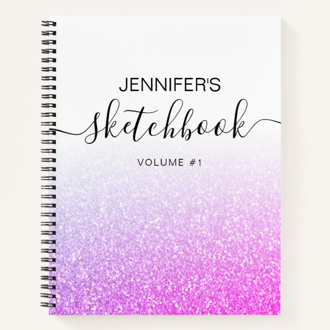 Purple Pink Glitter Girly Ombre Sketchbook Name Notebook (Front)