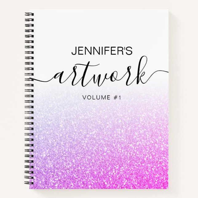 Purple Pink Glitter Girly Ombre Sketchbook Name Notebook (Front)