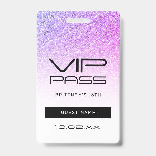 Purple Pink Glitter Glam VIP Pass 16th Invitation ID Badge