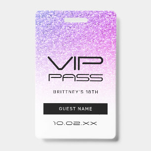 Purple Pink Glitter Glam VIP Pass 18th Invitation ID Badge