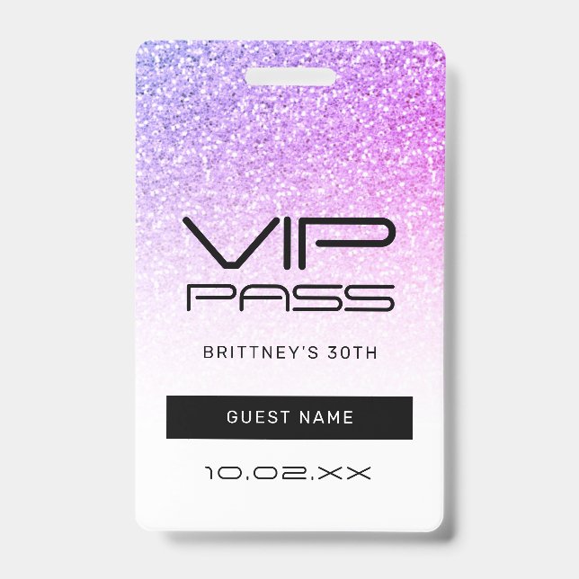 Purple Pink Glitter Glam VIP Pass 30th Invitation ID Badge (Front)