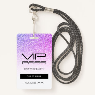 Purple Pink Glitter Glam VIP Pass 30th Invitation ID Badge